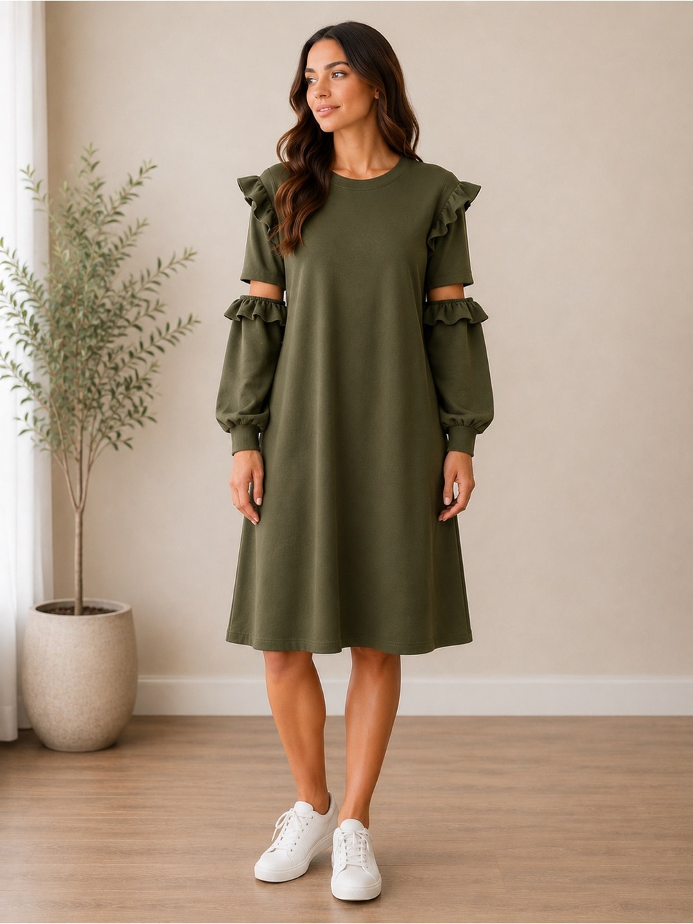 ECI New York Olive Green Ruffle Sleeve Dress Size 8
